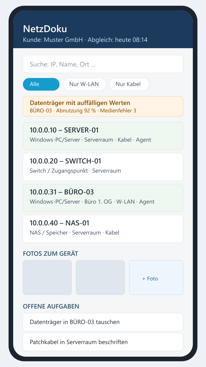 Screenshot der NetzDoku-Handy-App: Geräteliste mit Details und Foto